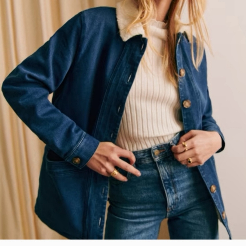 Sezane Will Jacket indigo faux sheepskin collar